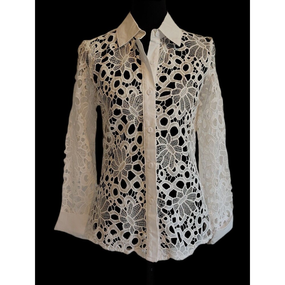 Frank Lyman Off White Woven Lace Blouse Cutwork Floral Collared Button Down  S